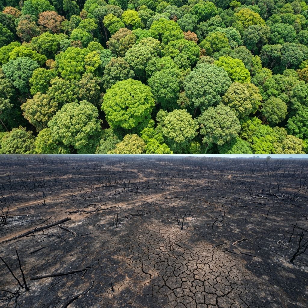 Boundary between healthy forest and scorched ground seen from above